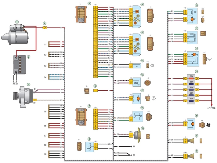 схема электрооборудования ВАЗ-2170 Priora, Соединения переднего жгута проводов автомобиля