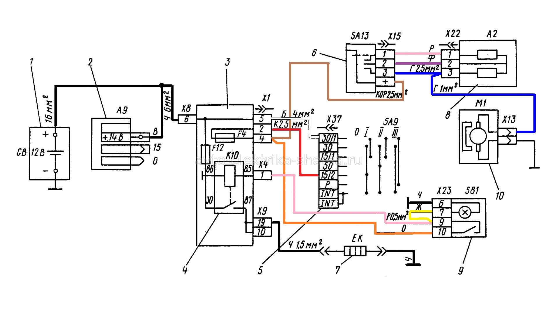 Схема включения электродвигателя вентилятора отопителя и электрообогреваемого стекла двери задка