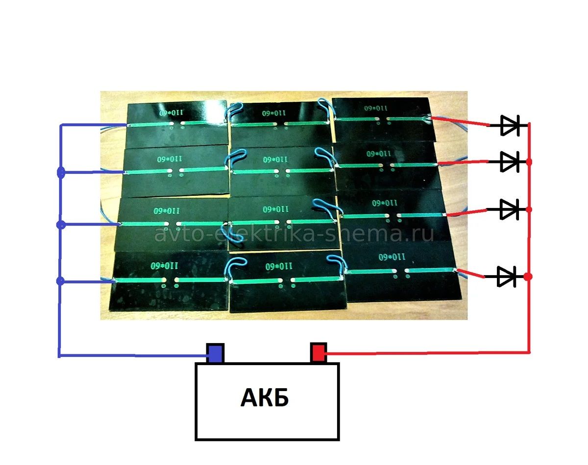 Схема соединения солнечных элементов для подзарядки аккумулятора