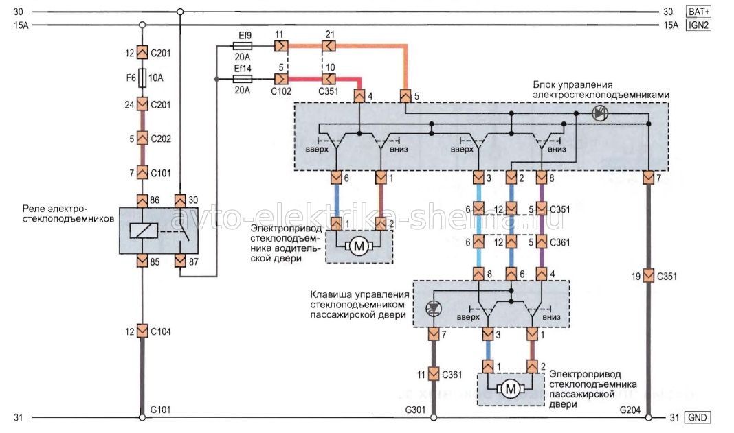 Схема электростеклоподъёмников передних дверей