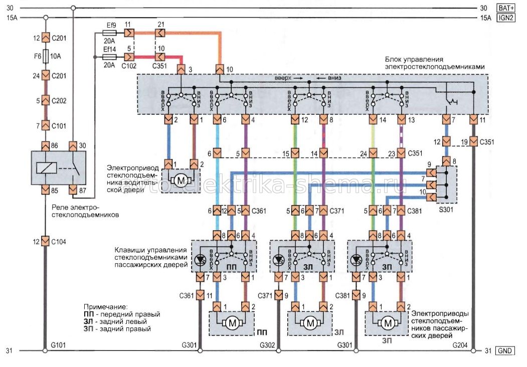 Схема электростеклоподъёмников всех дверей