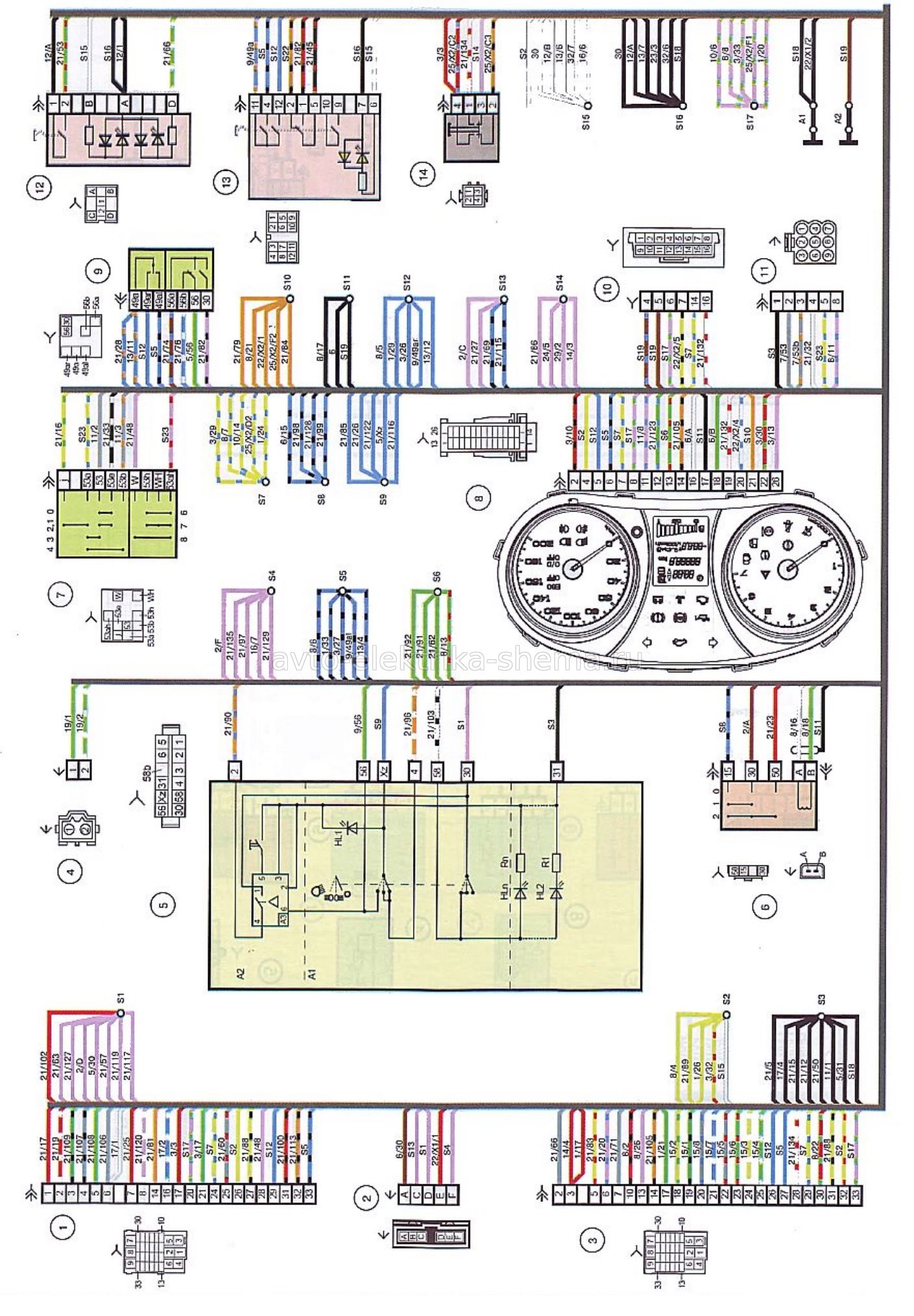 (21956-3724030-11) Схема соединений жгута проводов панели приборов