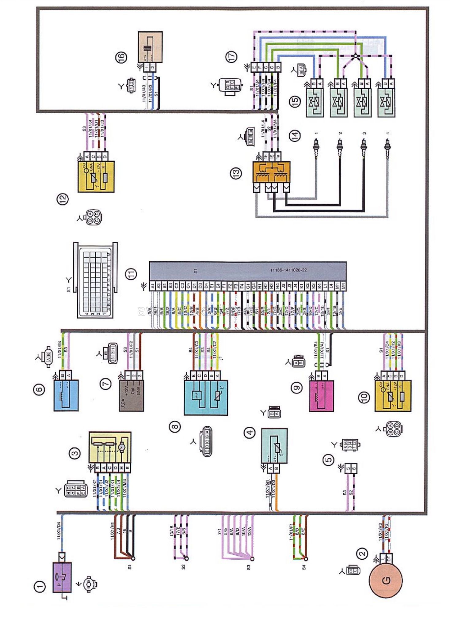 (Индекс 21901-3724026-40) Схема соединений жгута проводов системы зажигания