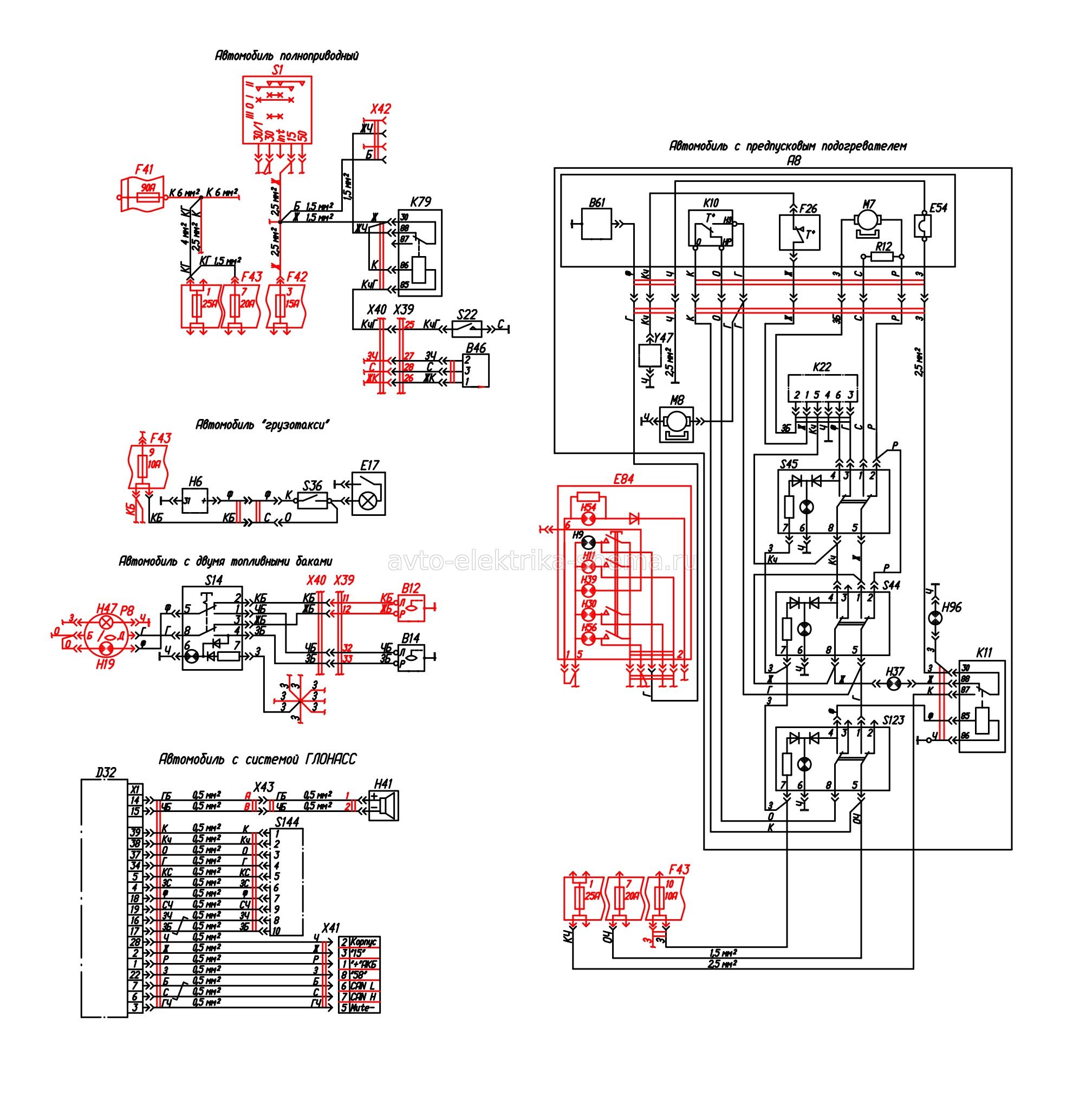 Схемы электрооборудования при различных исполнениях ГАЗ-3308, 3309