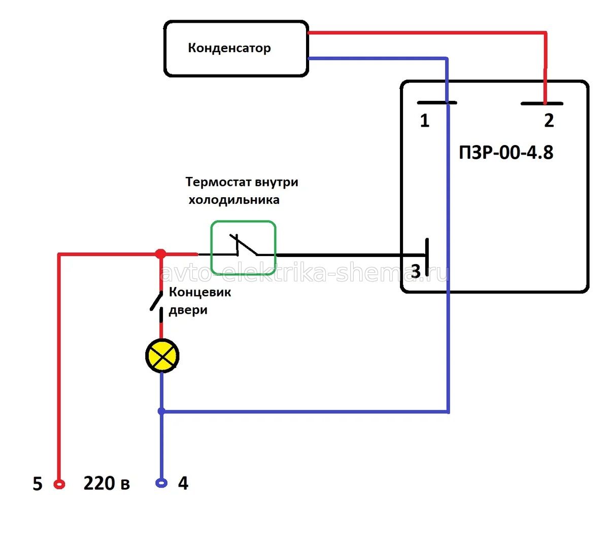 Схема подключения ПЗР-00-4.8 к холодильнику Nord