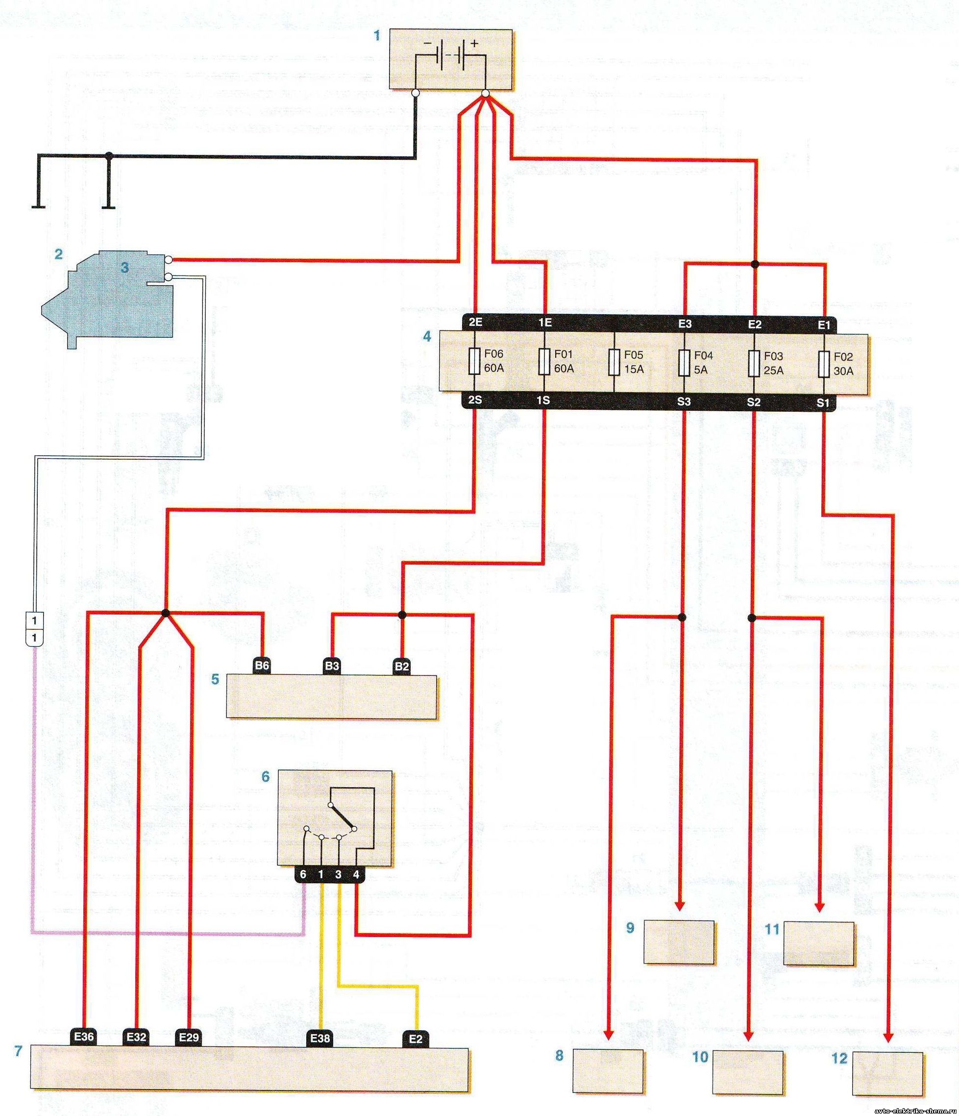 Схема соединений монтажного блока реле и предохранителей в моторном отсеке (без кондиционера)