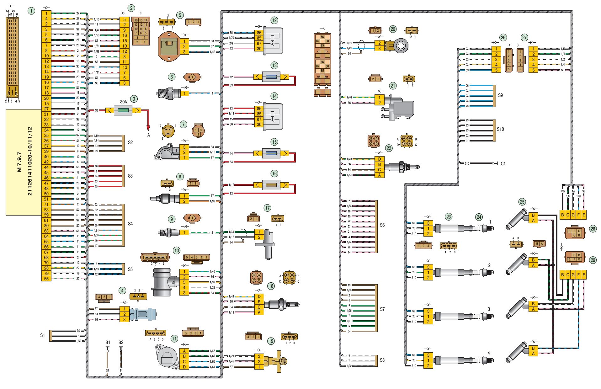 схема электрооборудования ВАЗ-2170 Priora, Соединения жгута электронной системы управления двигателем (ЭСУД)