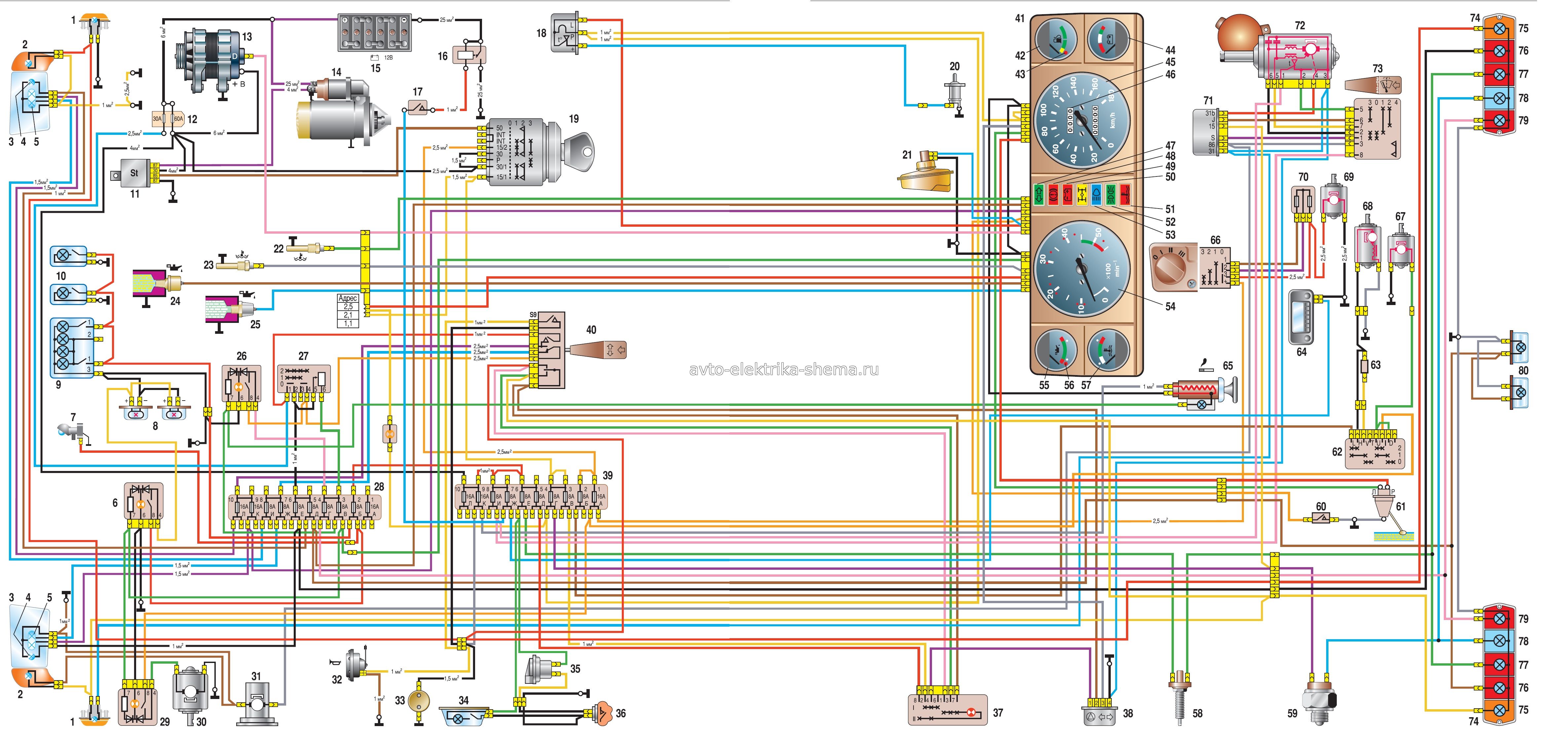 Схема электрооборудования автомобилей с двигателями ЗМЗ-4061,-4063 (панель приборов старого образца)