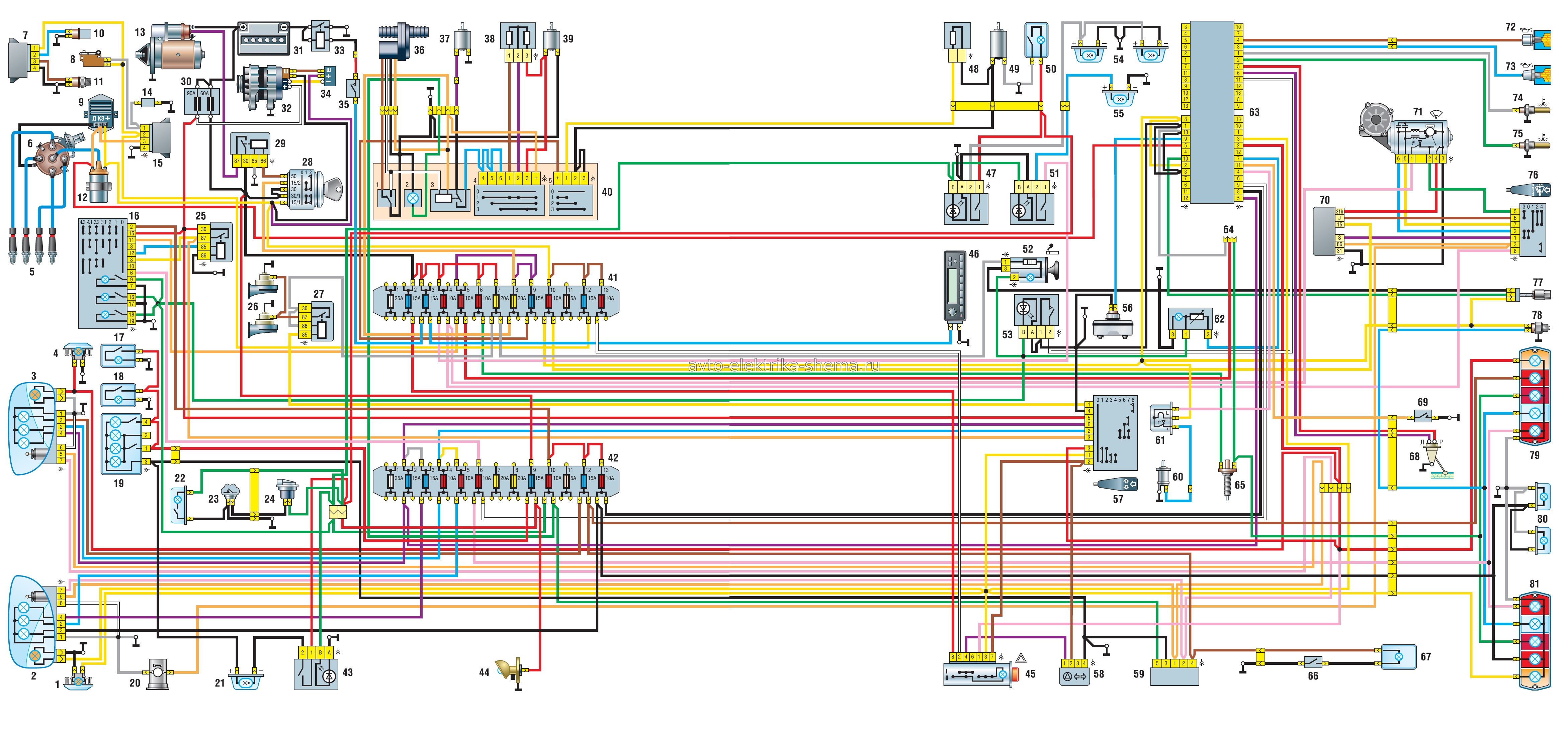 Схема электрооборудования автомобиля с двигателем УМЗ-4215 (панель приборов нового образца)