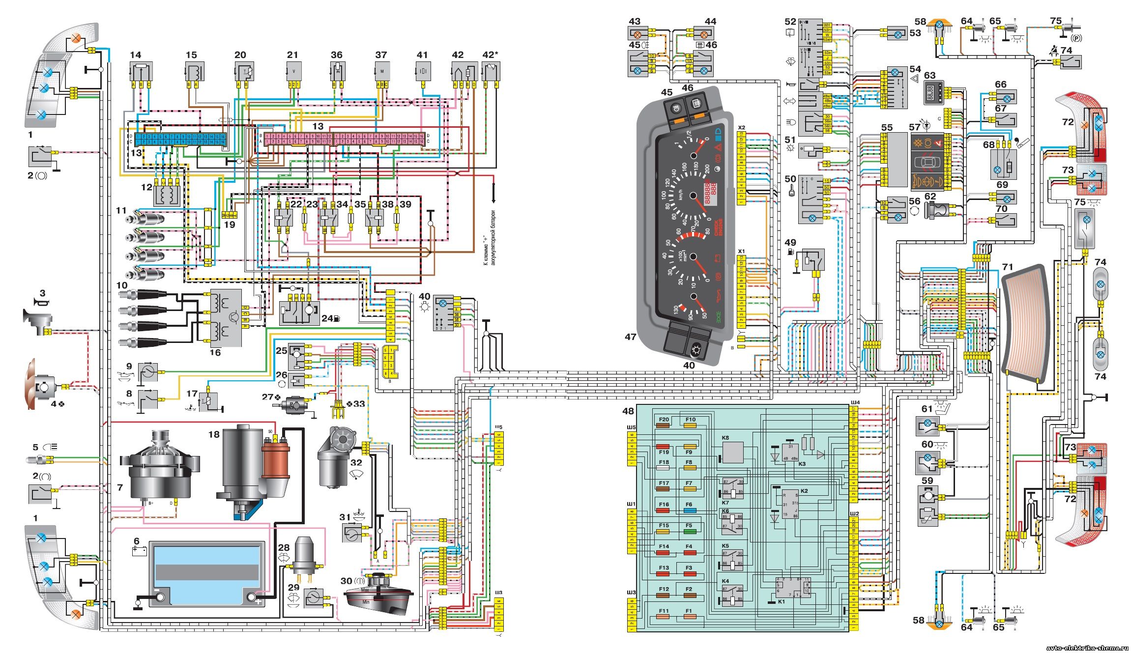 Схема электрооборудования автомобиля ВАЗ-21102 с системой распределенного впрыска топлива (контроллер "Январь-4")