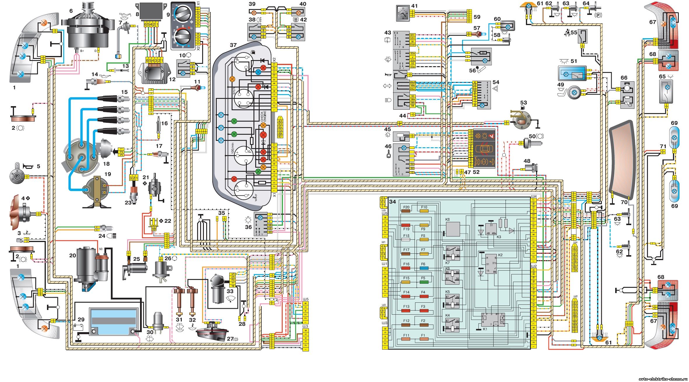 Схема электрооборудования автомобиля ВАЗ-2110 (карбюратор)