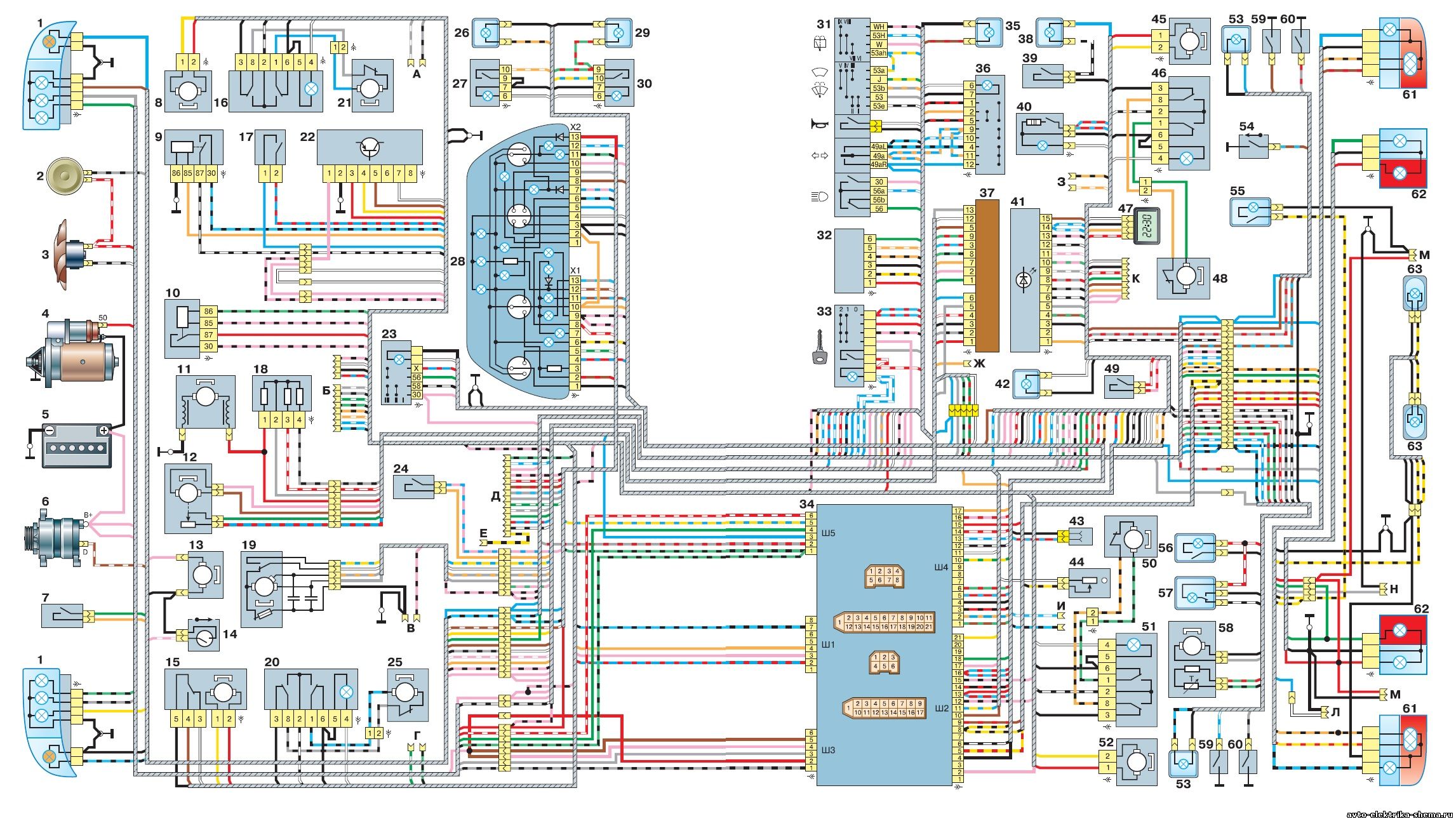 Схема электрооборудования автомобиля ВАЗ-2110 с кузовом "седан" (без системы впрыска)