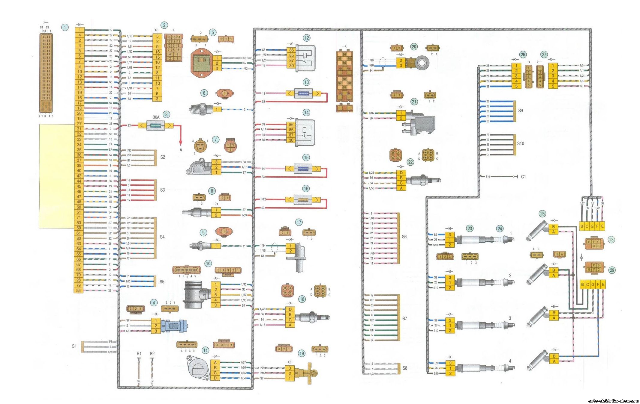 Соединения жгута проводов электронной системы управления двигателем (ЭСУД) ВАЗ-11194 (1,4 л)
